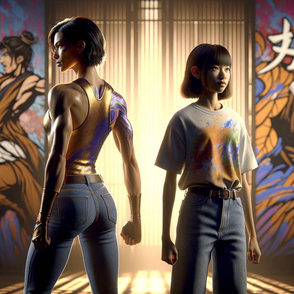 Athletic Thin skinny Attractive, Asian teenage girl, long brown hair and bangs, wearing tight skinny jeans and a halter top paint marks on her clothing, heroic pose Asian graffiti background, backside view