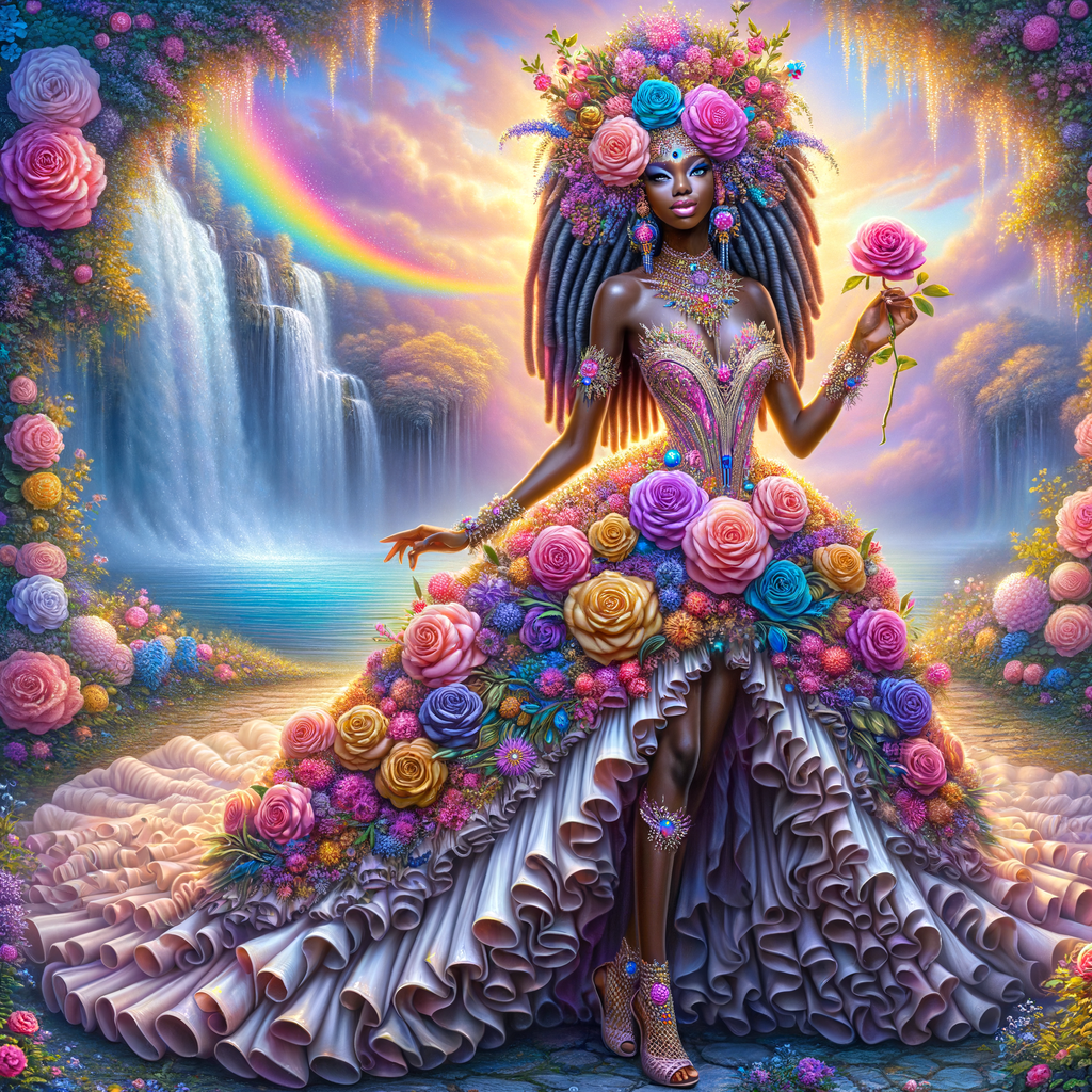 Remix Prompt
S/O Jackie Torres
S/O Panda Locke

create a animated style hyper realistic airbrush whimsical oil painting of a light African American woman wearing a flawless beautiful purple, pink, and gold blossom dress long flowing with colorful flowers and ruffles on the dress colorful jewelry made of flowers she has long black dreadlocks in a bun a colorful rose in her hair her peep toe shoes is matching her dress behind her is a beautiful waterfall liquid glowing lights beautiful colorful rainbow surrounded by beautiful roses.