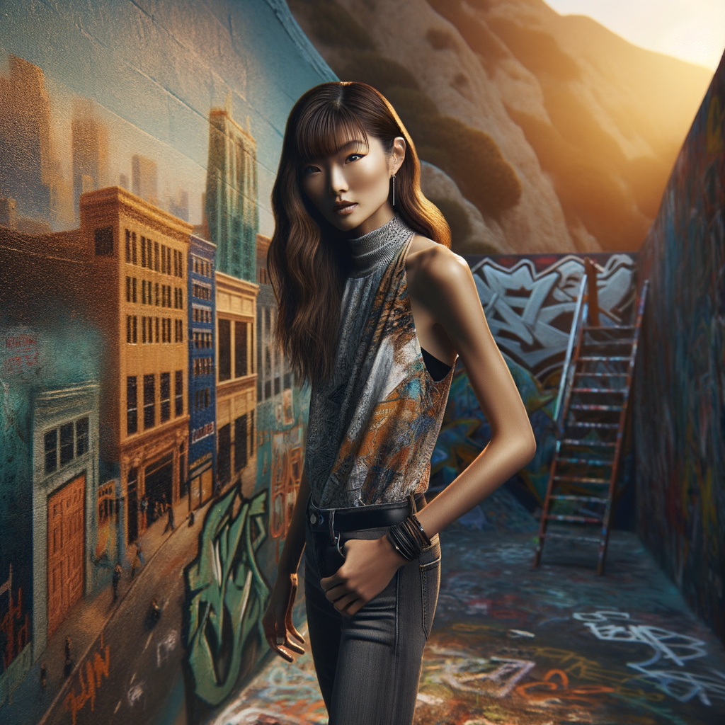 Athletic Thin skinny Attractive, Asian teenage girl, long brown hair and bangs, wearing tight skinny jeans and a halter top paint marks on her clothing, heroic pose Asian graffiti background, backside view