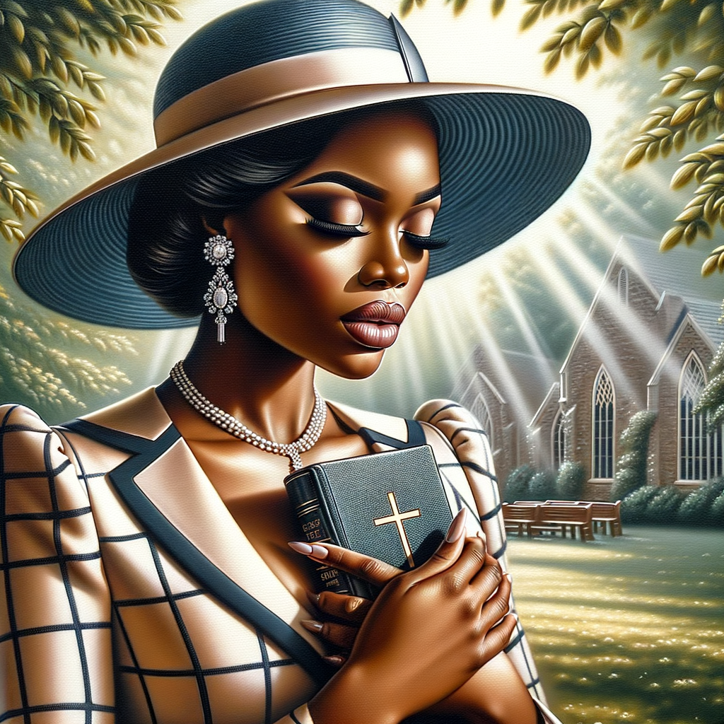 Render an airbrush oil painting of an African American woman with flawless makeup in a
contemplative pose, holding a Bible close to her heart, dressed in an elegant Sunday Best
outfit with a distinctive Church Hat. The background features a peaceful church garden,
with light filtering through the trees, highlighting her spiritual connection and the personal
moment of reflection. The artwork should capture the tranquility of the scene, the beauty
of her attire, and the depth of her contemplation, reflecting a serene and spiritually