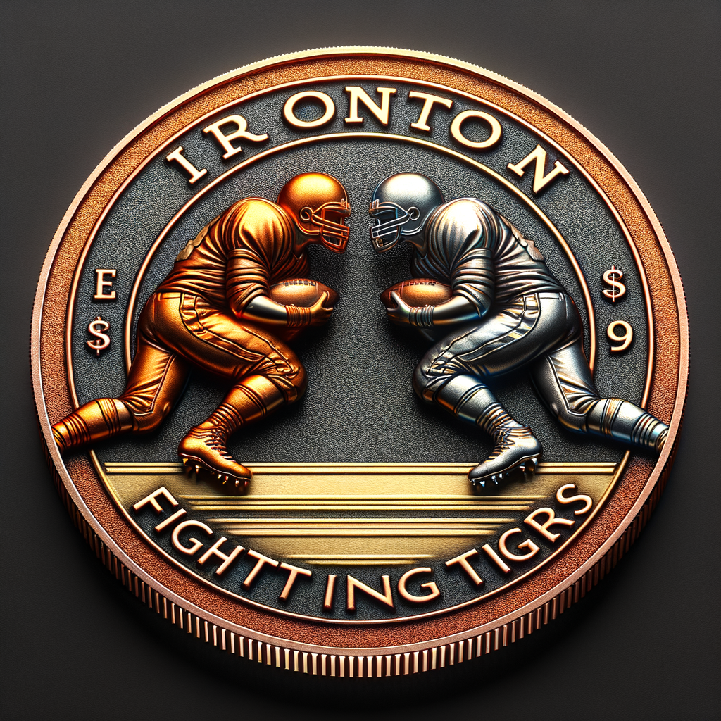 Create a coin, the coin is copper, gold and silver, the coin has two gootball players going head to head.  The coin reads"Ironton Fighting Tigers"