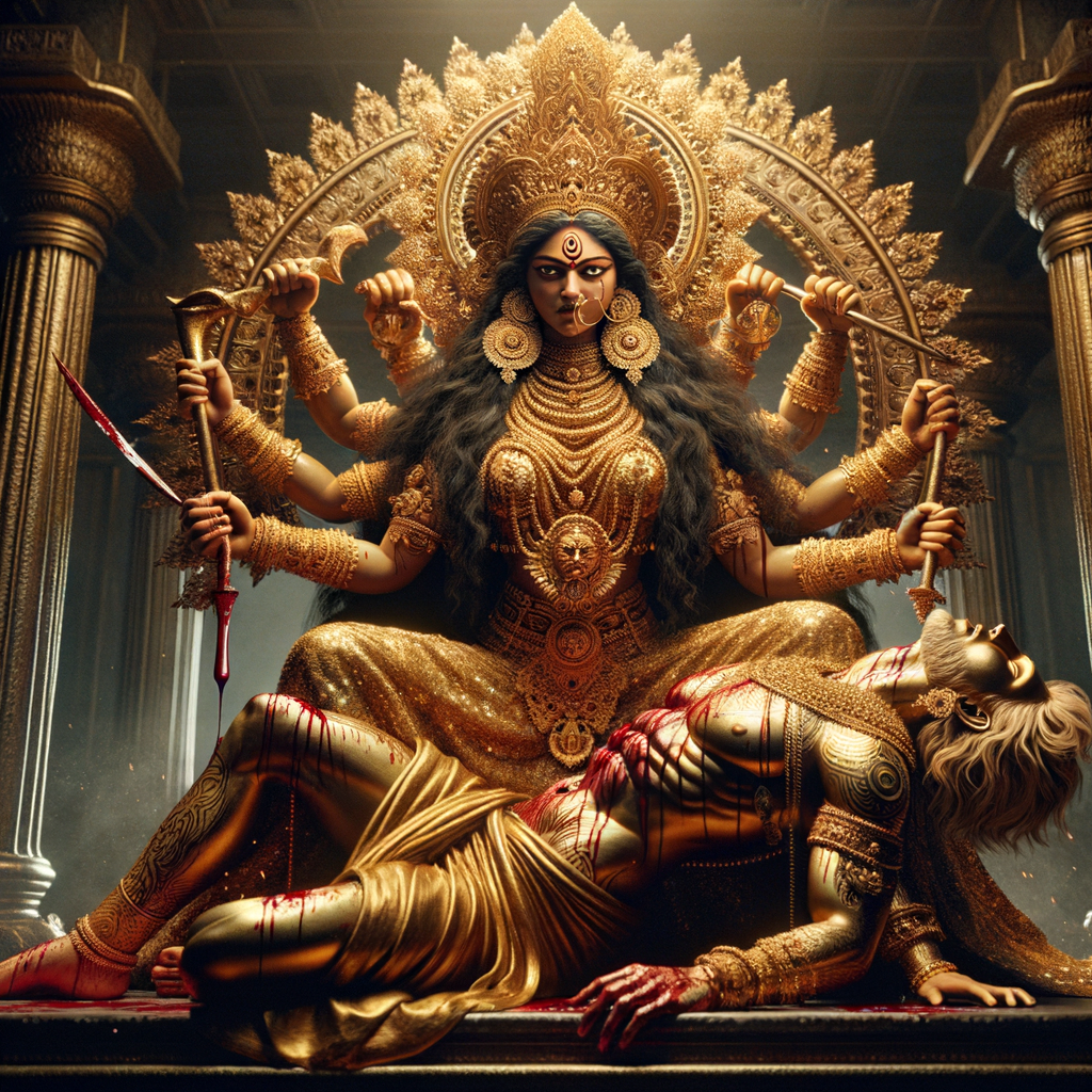 Close up portrait of angry looking goddess durga sitting on a gold crown and carrying a weak mahishasur on her lap and she is stabbing his belly  with her amazingly long fingernails. She is wearing gold armor, a huge gold crown, gold saree, abundant  gold jewelry, covered in blood. The scene is set in ancient India. The image is 8K resolution, photography, cinematic, ultra detailed face and epic