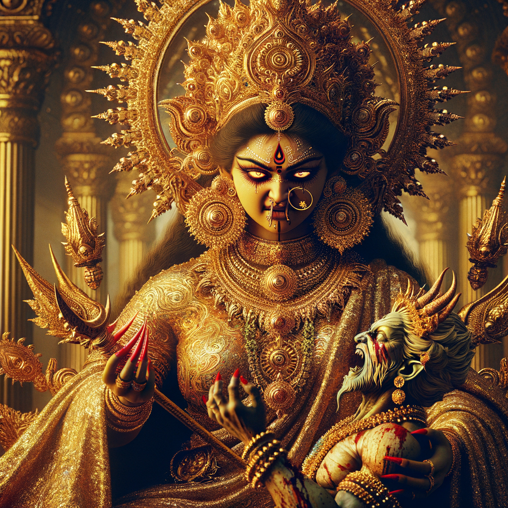 photograph of angry looking goddess durga sitting on a gold crown and carrying a weak mahishasur on her lap and poking him with her amazingly long red fingernails. She is wearing gold armor, a huge gold crown, gold saree, abundant  gold jewelry, covered in blood. The scene is set in ancient India. The image is 8K resolution, cinematic, photography, ultra detailed face and epic.