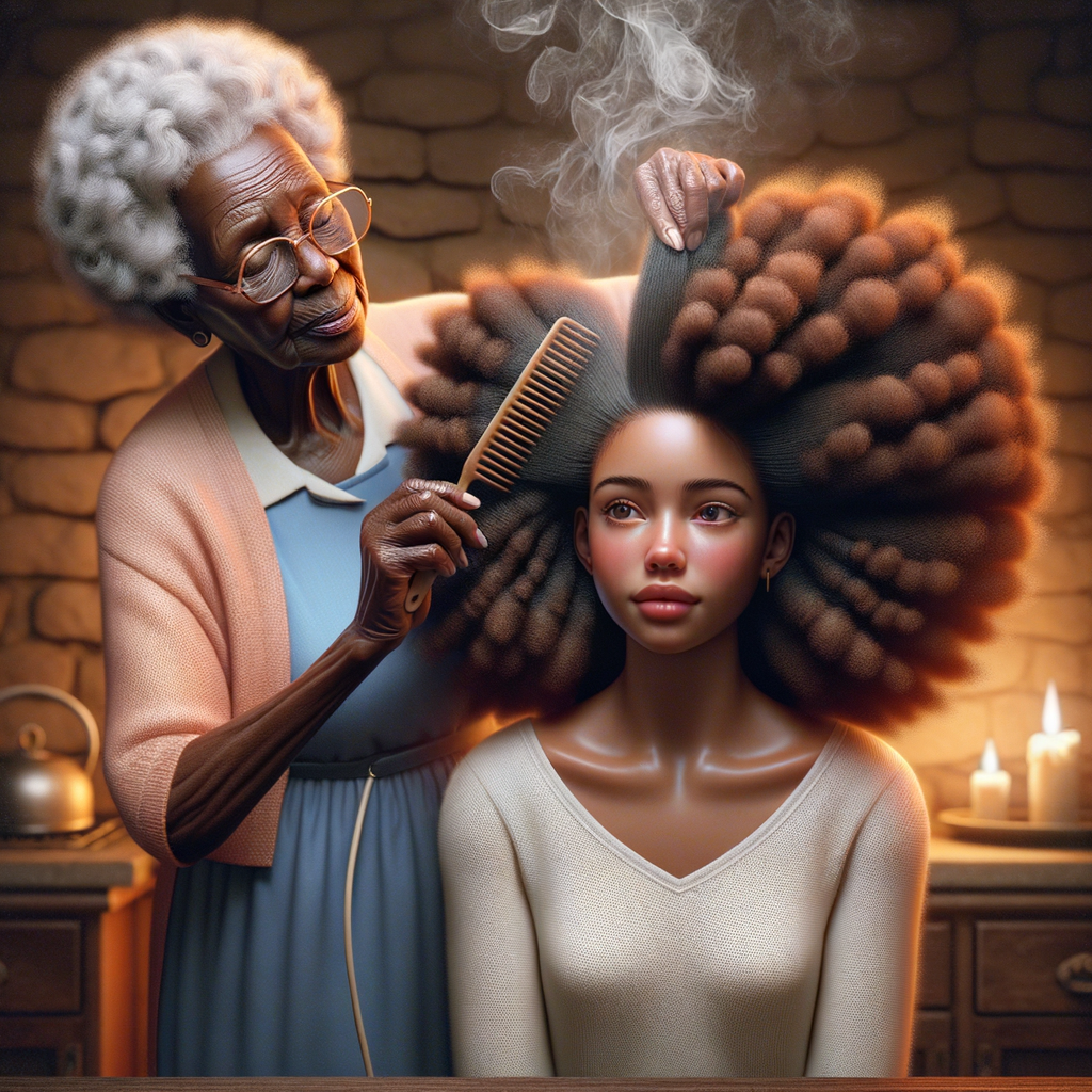 Create a realistic 3-D image of an african-American grandmother in the kitchen with her african-American granddaughter. The grandmother has a hot comb in her hair and she is straightening her granddaughters hair. One side of her granddaughters hair is in  a Afro the other is bone straight 
There is smoke coming from the hot comb