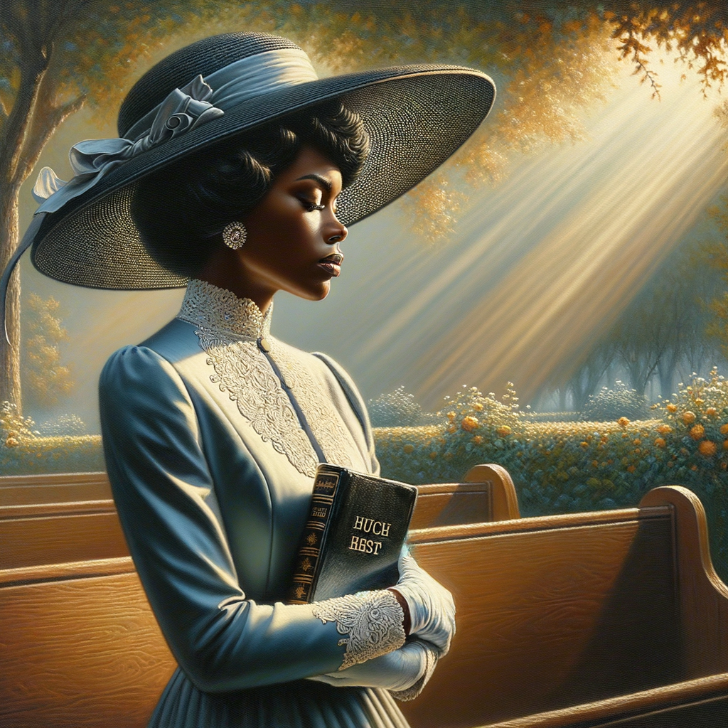 Render an airbrush oil painting of an African American woman with flawless makeup in a
contemplative pose, holding a Bible close to her heart, dressed in an elegant Sunday Best
outfit with a distinctive Church Hat. The background features a peaceful church garden,
with light filtering through the trees, highlighting her spiritual connection and the personal
moment of reflection. The artwork should capture the tranquility of the scene, the beauty
of her attire, and the depth of her contemplation, reflecting a serene and spiritually