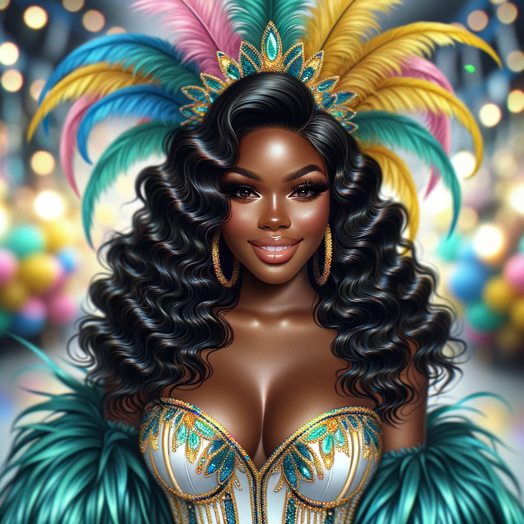 Create a 3-D  vivid full-body view of a colorful glossy hyper-realistic oil painting of a detailed illustration full length photo single image of a beautiful African-American caramel skinned woman plus sized, with long, black, wavy hair, her make up is airbrushed and flawless, she is dressed in a white, teal and yellow large, elaborate, elegant, very detailed carnival costume with colorful African-American pink, blue, gold yellow green feathers, flawless makeup, prominent lashes, black peep toe heels, white pixie hair, background bokeh, she is stunning and smiling, digital art.