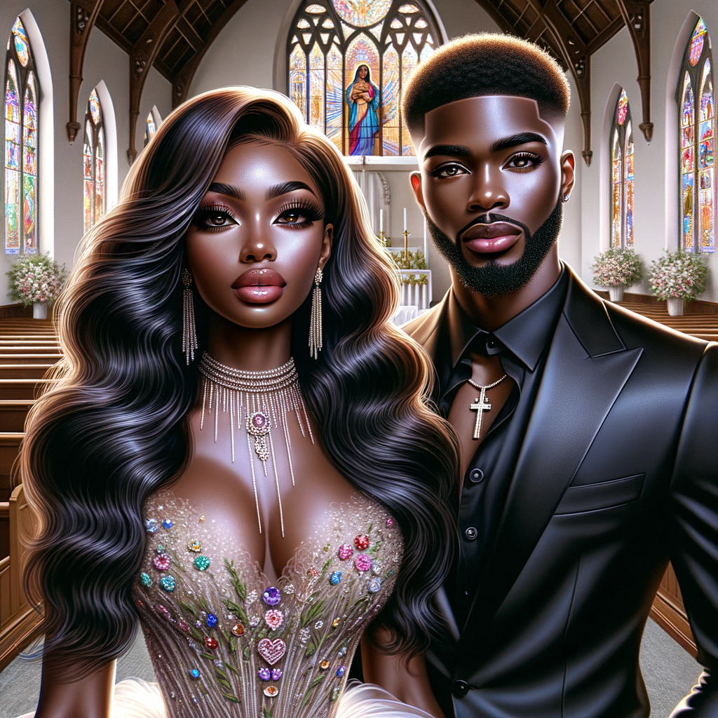 Create a realistic airbrushed illustration of a beautiful African-American couple at their wedding. The woman has flawless makeup, long wavy hair, and wears a spectacular gown adorned with various types of jewels, embodying elegance and sophistication. Her partner, an African-American man, is dressed in a sleek black Gucci suit and sports a fade crop top haircut, adding a modern flair to his dapper appearance. They stand together in a beautiful church, which is enhanced by colorful stained glass windows casting a vibrant glow around them, adding to the solemnity and joy of the occasion. The image should capture the essence of their love and the intricate details of their attire and the setting, all in a heavily HDR style at 300 dpi.