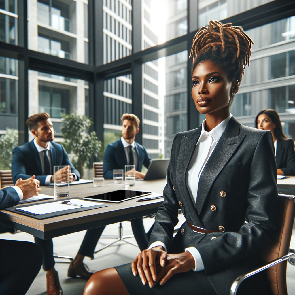 Describe a sophisticated Black woman with a caramel 
complexion, styled locs, and a sleek business suit, leading 
a boardroom discussion on environmental sustainability in 
a sleek urban office building."