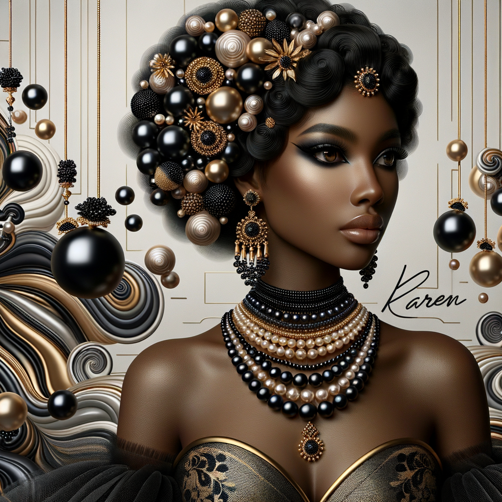 Imagine a digital portrait of a light skinned African-American Latino regal woman named KAREN Her attire and accessories are exclusively adorned with black and gold pearls. They grace her voluminous hair, styled in an elegant updo, where the black pearls form the roots and the gold pearls create the stunning curls. Her ears boast chandelier earrings, with black pearls clustered at the top, transitioning to gold pearls that dangle with delicate grace. Around her neck, a tiered necklace cascades with strands of alternating black and gold pearls, reflecting a sophisticated contrast.

Her shoulders are draped with a luxurious off-shoulder gown, the fabric's weave incorporating intricate patterns formed by black and gold pearls. The gown's texture has a subtle sheen, suggesting a high-quality material with a pearlescent finish. As a centerpiece, a grand brooch sits at her collar, with a large gold pearl surrounded by an elaborate design of smaller black pearls.

The background of the portrait features an abstract composition of floating pearls, swirling in a dance of shadows and light, emphasizing the color theme of black and gold. The name "KAREN" is discreetly integrated into the lower right corner of the artwork, blending seamlessly with the design, as if it were a signature part of the jewelry ensemble. The overall effect is one of timeless elegance, a blend of modern design and classic beauty, all tied together by the luxurious palette of black and gold.