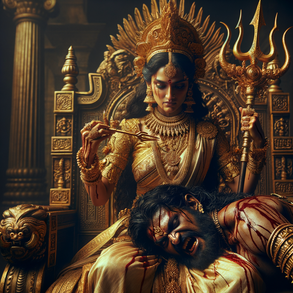 portrait of angry looking goddess durga sitting on a gold crown and carrying a weak mahishasur on her lap and stabbing him with her amazingly designed trident. She is wearing gold armor, a huge gold crown, gold saree, abundant  gold jewelry, covered in blood. The scene is set in ancient India. The image is 8K resolution, cinematic, ultra detailed face and epic.