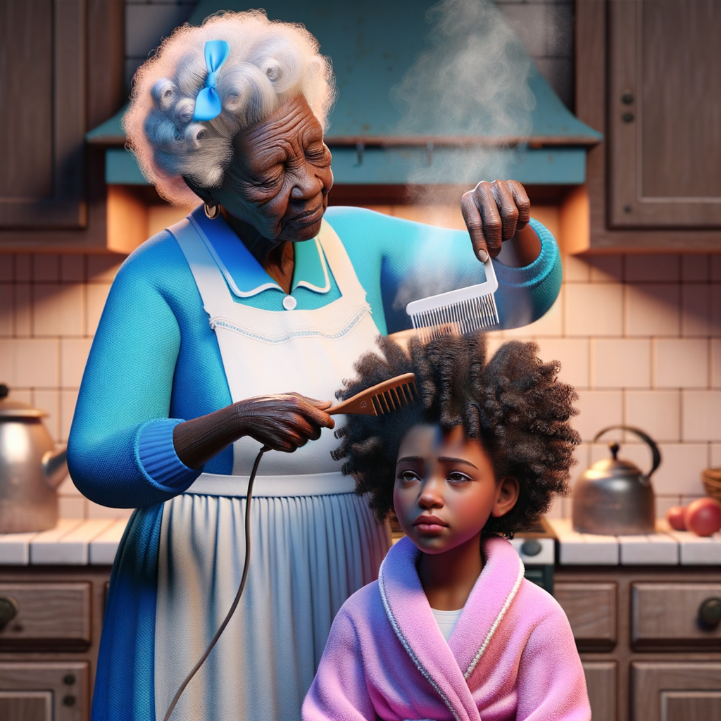 Create a realistic 3-D image of an african-American grandmother wearing a blue house dress and a white apron . She is in the kitchen with her african-American granddaughter. Her granddaughter is wearing a pink bath robe. The grandmother has a hot comb in her hand and she is straightening her granddaughters hair. One side of her granddaughters hair is in  a Afro the other straight 
There is smoke coming from the hot comb
The granddaughter is making a face