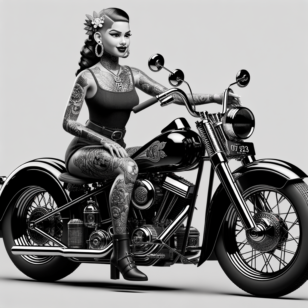 Creat a masterpiece of a beautiful purter rican woman with tattoos sitting on a shiny black Harley Davidson