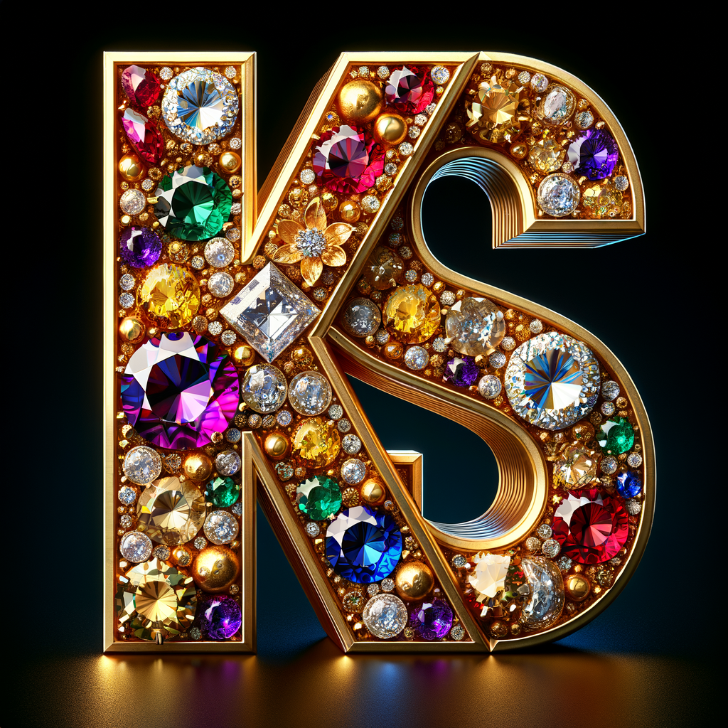 Create a 3-D realistic image with the letters  K.S. in gold raised letters , Add diamonds and colorful jewels