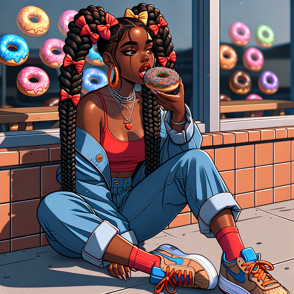 Create a caricature girl character. African American brown skin tone. sitting outside a donut shop eating sprinkled donuts. She’s wearing Tommy Hilfiger attire, tennis shoes, 4 long black braided ponytails with bows, vivid colors 4K HDR