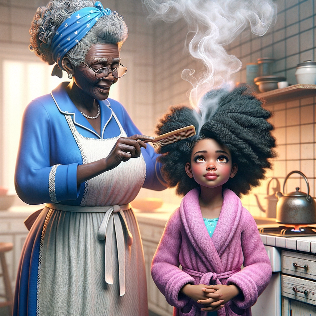 Create a realistic 3-D image of an african-American grandmother wearing a blue house dress and a white apron . She is in the kitchen with her african-American granddaughter. Her granddaughter is wearing a pink bath robe. The grandmother has a hot comb in her hand and she is straightening her granddaughters hair. One side of her granddaughters hair is in  a Afro the other straight 
There is smoke coming from the hot comb
The granddaughter is making a face