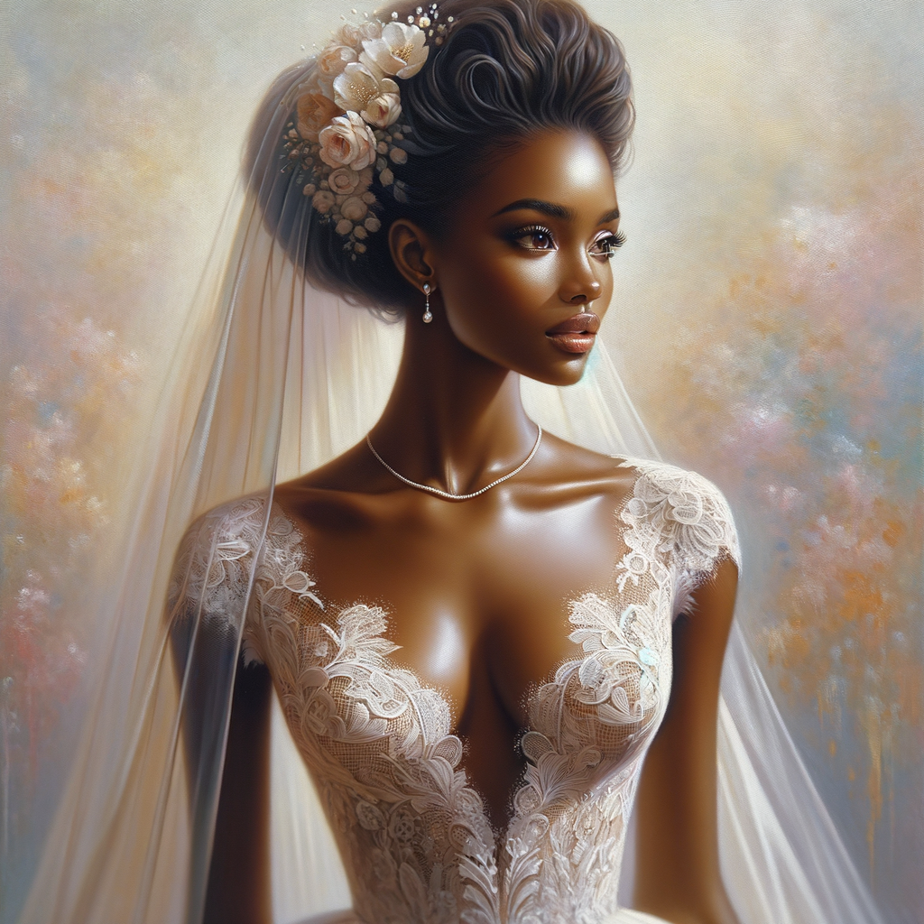 A hyper-realistic oil painting of an African American bride standing gracefully. She has a radiant complexion with a warm, glowing skin
tone. Her hair is styled in an elegant updo adorned with delicate white flowers. The bride is wearing a stunning, intricately detailed lacewedding gown with a subtle shimmer, capturing the light beautifully.The gown features a classic silhouette with a modern twist, including a deep V-neckline and a flowing train. She is also wearing a delicate pearl necklace and small, elegant earrings that add a touch ofsophistication. The background is a soft, romantic blur of pastelcolors, enhancing the focus on the bride and her exquisite bridal
attire. The painting should exude elegance, capturing the rich textures and vibrant details characteristic of oil paintings, with a particular emphasis on the fabric of the dress, the hairstyle, and the subtle a African-American Jesus Christ is in the background looking on