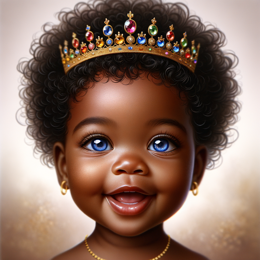 "Create a digital portrait of an adorable african-American baby girl with a joyful expression. She is wearing a gold crown with colorful jewels. Her big, bright blue eyes are wide with wonder, and her tiny mouth is shaped in a happy grin. Her skin has a warm, honey-brown tone, and she has an abundance of thick curly black hair, The background is soft and neutral to keep the focus on her delightful features. The portrait should be vibrant and heartwarming, celebrating the innocence and charm of childhood."