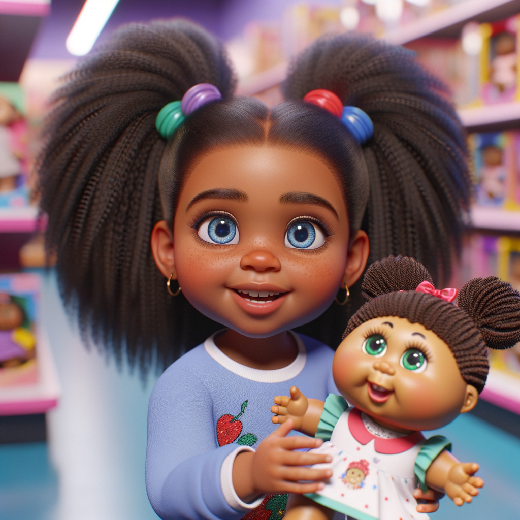 Create a 3-D realistic image of an African-American little girl above the age of five she has huge, blue eyes and thick long ponytails.
She is in a toy store and she is playing with her favorite african-American Cabbage Patch doll , the doll has deep, dimples and freckles