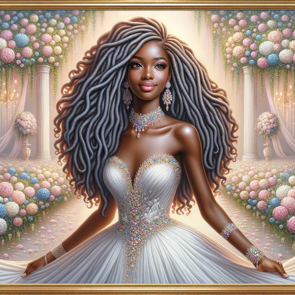 Create a 3-D realistic oil, painting of a beautiful African-American bride. She has long flooring, wavy hair and her gown has beautiful jewels around the neckline. in the background there is a beautiful African-American Jesus Christ with long dreadlocks, and he is smiling. He is very handsome pastel flowers throughout the image.