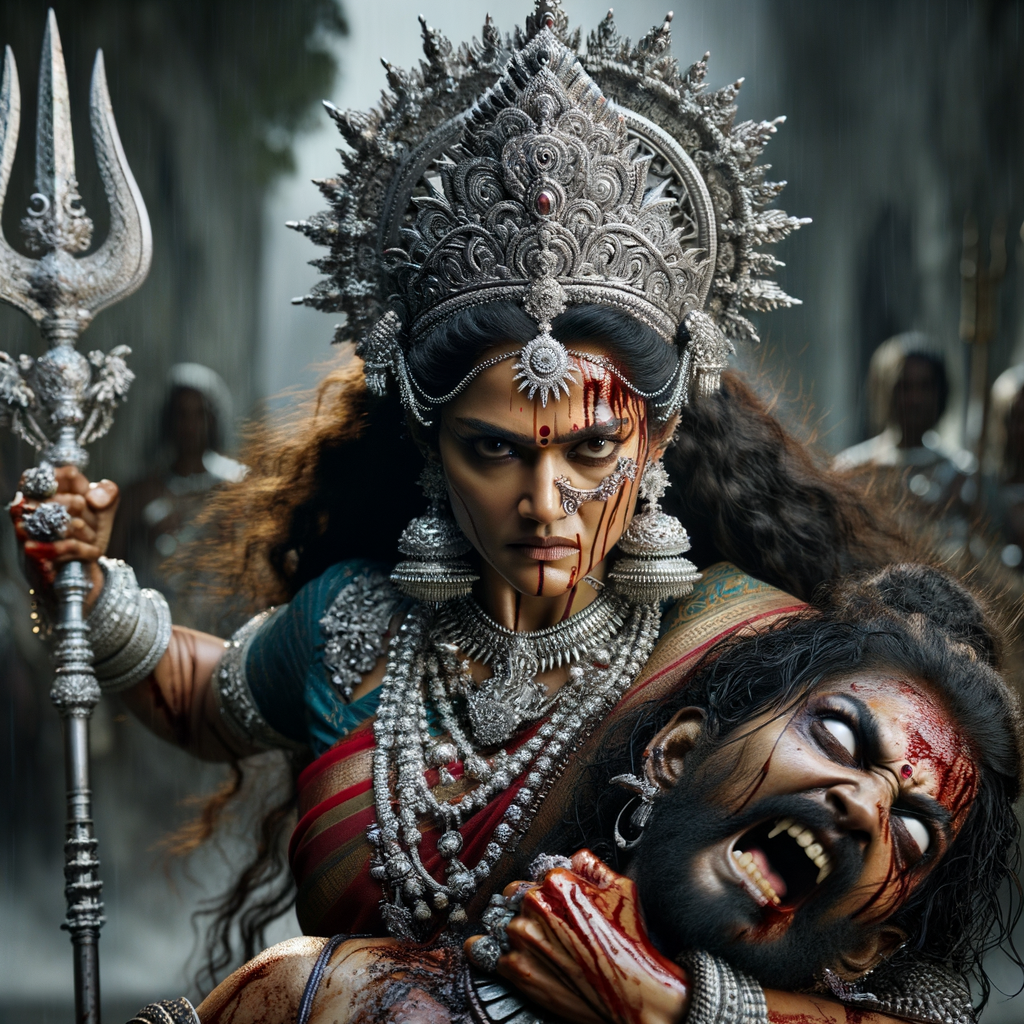 portrait of angry looking goddess durga  carrying a weak mahishasur in her two arms and stabbing him with her amazingly designed trident. She is wearing a huge silver crown, red saree, abundant silver jewelry, covered in blood. The scene is set in ancient India. The image is 8K resolution, cinematic, ultra detailed face and epic.