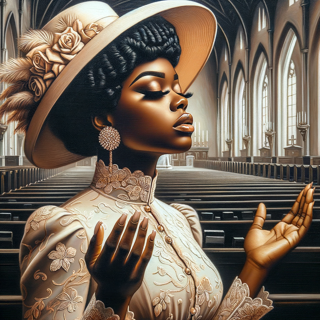 Render an airbrush oil painting of an African American woman with flawless makeup
kneeling at a church altar, her hands raised in a gesture of surrender to God. She's
dressed in stylish Sunday Best attire, with a particular focus on the delicate details of
her Church Hat. The background features a beautifully painted church interior, with the
oil paint texture enhancing the sacred atmosphere. The artwork should capture the
woman's devout expression, the elegance of her attire, and the spiritual ambiance of
the church setting, reflecting a moment of deep faith and devotion.