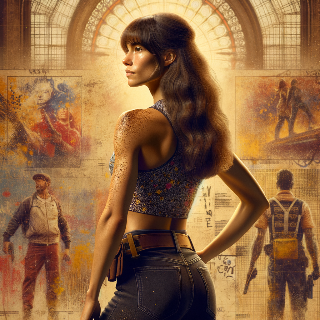 Athletic Thin skinny Attractive, Asian teenage girl, long brown hair and bangs, wearing tight skinny jeans and a halter top paint marks on her clothing, heroic pose Asian graffiti background, backside view