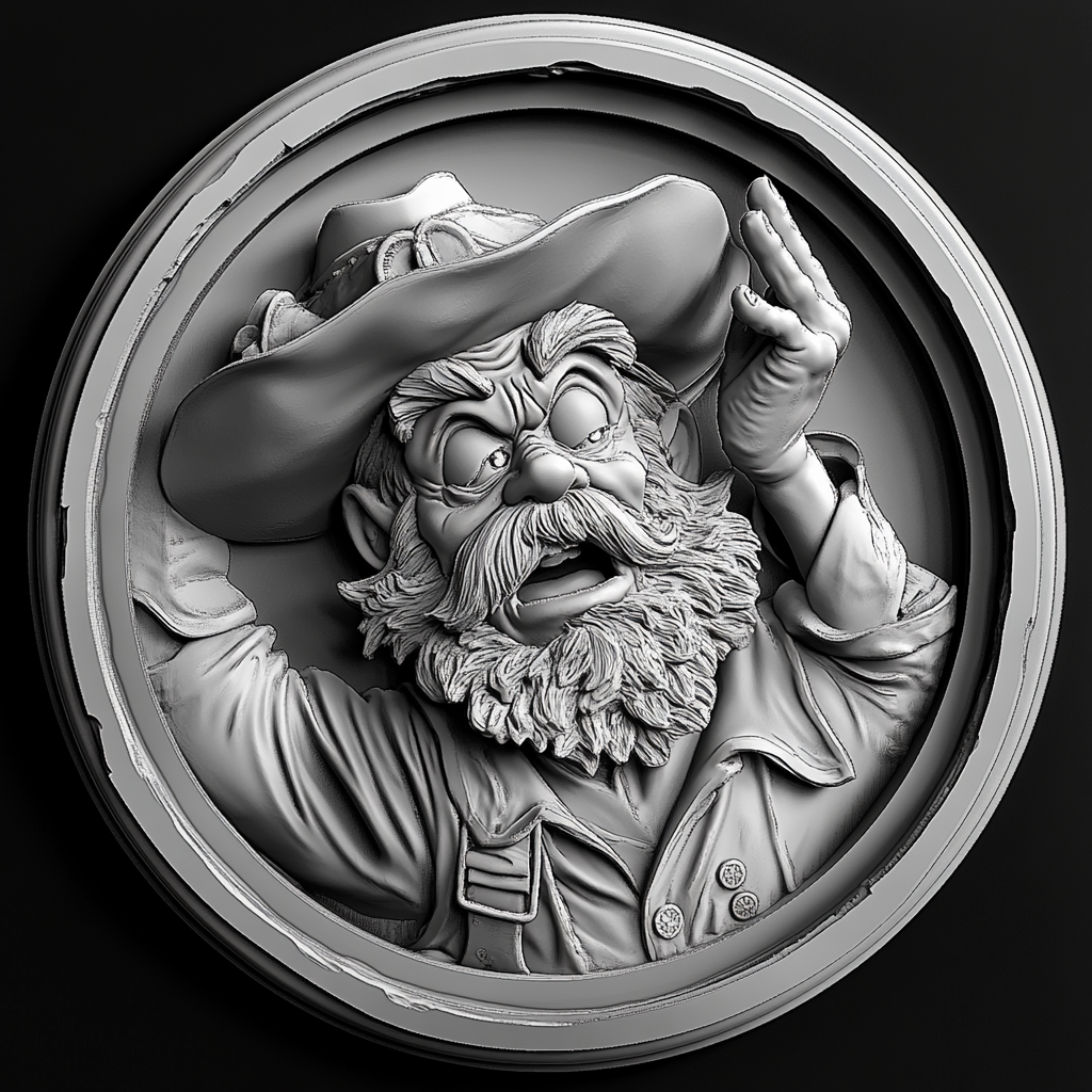 Design a high-contrast grayscale 3d bas relief of captain crunch, The composition should be circular like a coin emblem, designed for CNC routing with balanced lighting to accentuate fine details, sharp edges, and distinct textures. Employ deep shadows and strong highlights to define planes and surfaces clearly.