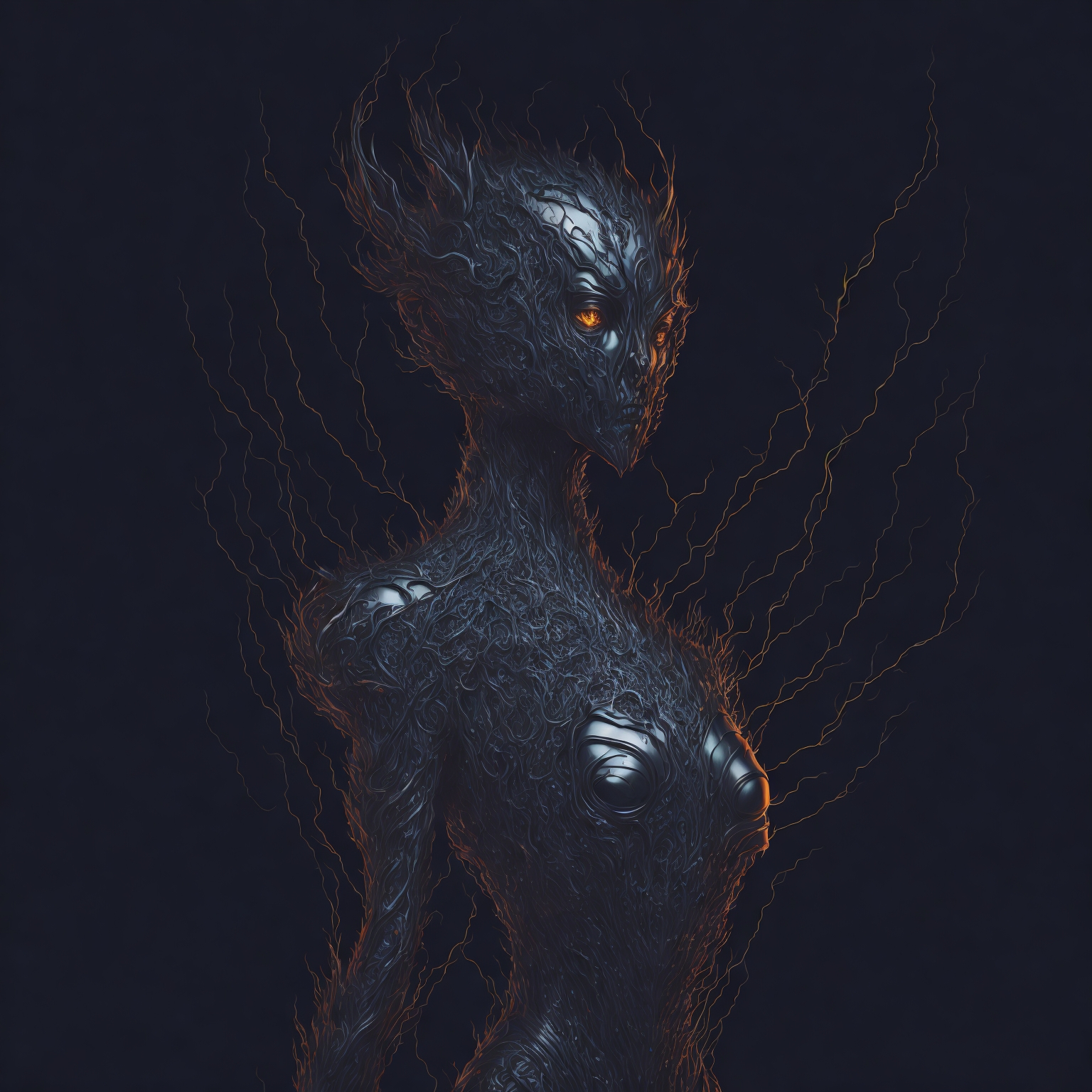 An ethereal being of polished silver essence emanates a surreal glow, its form ethereal yet unmistakably humanoid. This concept art piece is a highly detailed digital painting, showcasing intricate linework and shading. The figure's sleek, metallic body exudes a sense of dystopian elegance, with sharp, angular features and a hauntingly piercing gaze. The background is a blurred haze of muted colors, adding to the otherworldly atmosphere. Overall, this image is a masterful blend of beauty and unease, inviting viewers to ponder the nature of this mysterious spirit.