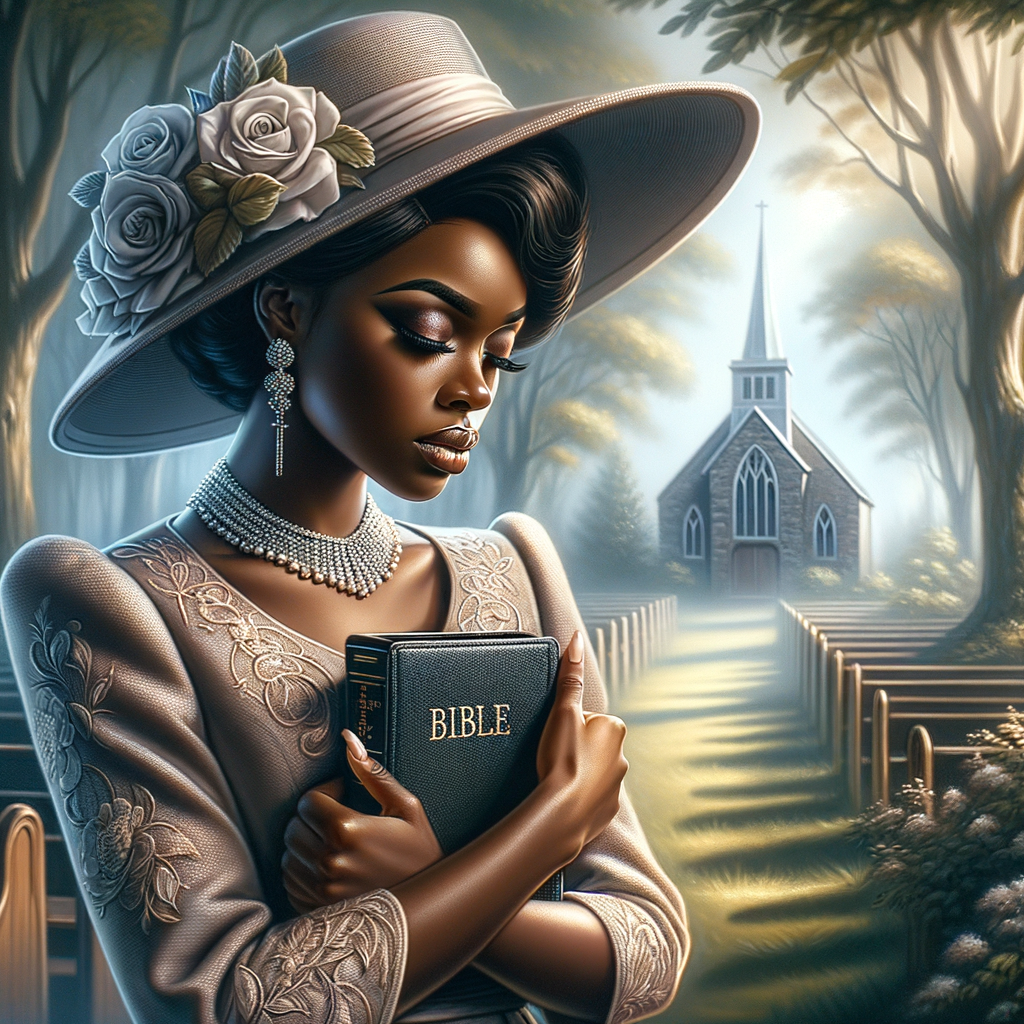 Render an airbrush oil painting of an African American woman with flawless makeup in a
contemplative pose, holding a Bible close to her heart, dressed in an elegant Sunday Best
outfit with a distinctive Church Hat. The background features a peaceful church garden,
with light filtering through the trees, highlighting her spiritual connection and the personal
moment of reflection. The artwork should capture the tranquility of the scene, the beauty
of her attire, and the depth of her contemplation, reflecting a serene and spiritually