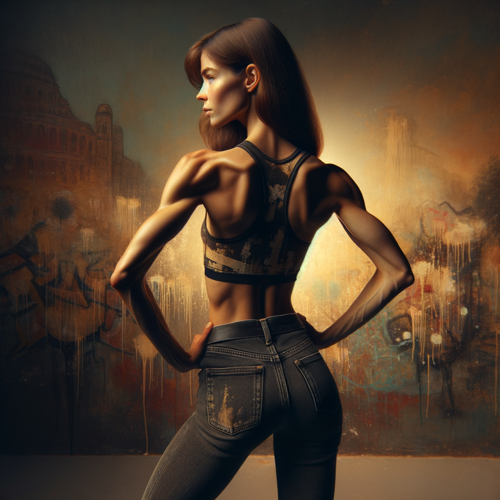 Athletic Thin skinny Attractive, Asian teenage girl, long brown hair and bangs, wearing tight skinny jeans and a halter top paint marks on her clothing, heroic pose Asian graffiti background, backside view