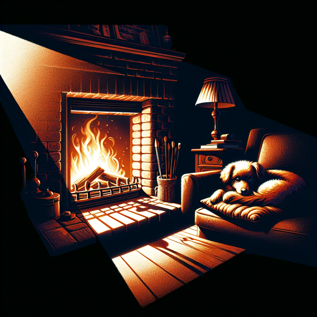 A small dog curled up by a fireplace, the warm firelight illuminating its fur and casting long shadows on the surrounding rug and furniture. Subtle reflections of the flame flicker on nearby objects, adding depth and texture to the scene