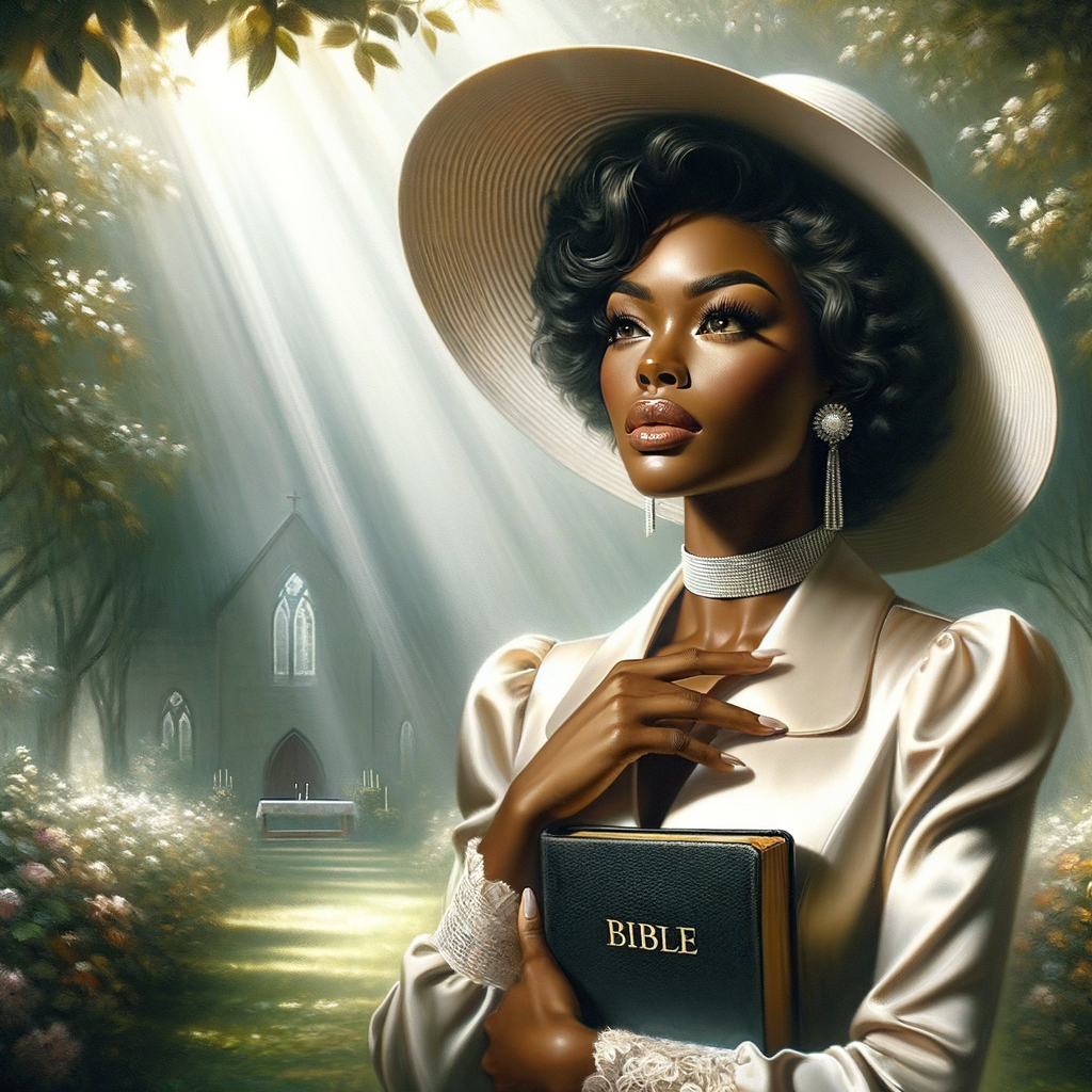 Render an airbrush oil painting of an African American woman with flawless makeup in a
contemplative pose, holding a Bible close to her heart, dressed in an elegant Sunday Best
outfit with a distinctive Church Hat. The background features a peaceful church garden,
with light filtering through the trees, highlighting her spiritual connection and the personal
moment of reflection. The artwork should capture the tranquility of the scene, the beauty
of her attire, and the depth of her contemplation, reflecting a serene and spiritually