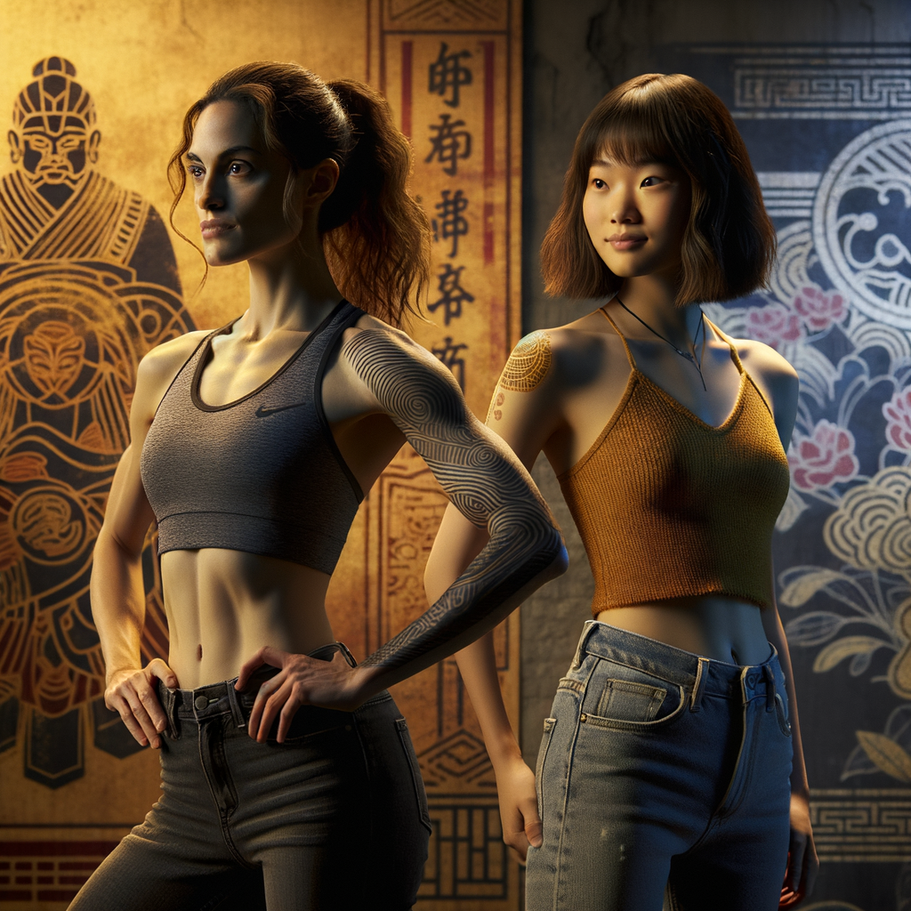 Athletic Thin skinny Attractive, Asian teenage girl, long brown hair and bangs, wearing tight skinny jeans and a halter top paint marks on her clothing, heroic pose Asian graffiti background, side view