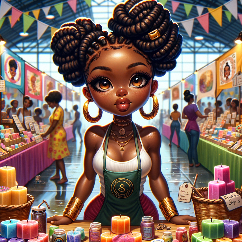 "Envision a digital painting of a vibrant African American chibi character, boasting an athletic yet curvy build. She has wide almond-shaped eyes and luscious full lips. Her hair is elegantly styled into an updo of locs, each adorned with shiny golden cuffs. She stands proudly behind a booth at a bustling craft fair, surrounded by her own handmade colorful soaps and aromatic candles. She wears a branded apron over a cheerful summer dress, actively engaging with customers. The perspective of the artwork is dynamic, with the craft table positioned at an inviting angle, allowing a three-dimensional view of the varied products. Banners flutter above her, displaying the brand name in a festive font. This scene is alive with the fair's energetic atmosphere, focusing on the rich interactions between the creator and her patrons, and showcasing the intricate textures and vivid colors of the crafts."