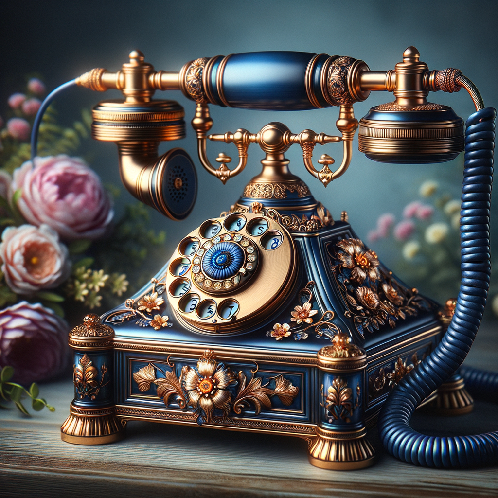 Create an image of an ornate vintage telephone with a sophisticated design, combining royal blue and gold colors. The body and receiver of the phone should be a deep, lustrous blue, with intricate gold embellishments and floral patterns etched into the metal. The circular dial is also detailed with gold accents. The coiled cord should be a matching blue. In the background, soft-focus, elegant flowers add a natural and aesthetic touch, complementing the phone’s luxurious look. There should be no text or watermarks present.