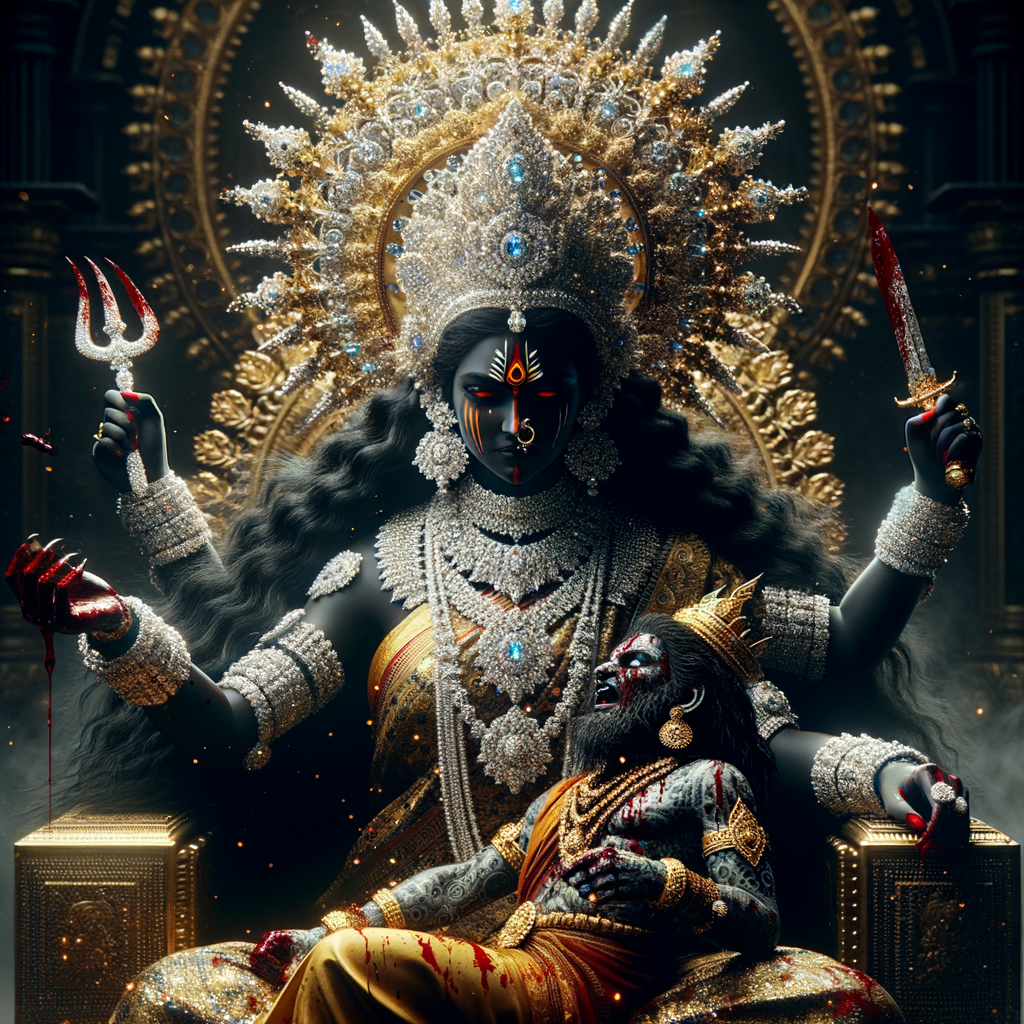 portrait of extremly angry looking goddess kali, black skinned, sitting on a gold crown and carrying a weak mahishasur on her lap and stabbing him with her amazing long red finger nails. She is wearing diamond armor, a huge diamond crown, red saree, abundant diamond jewelry, covered in blood. The scene is set in ancient India. The image is 8K resolution, cinematic, ultra detailed face and epic.