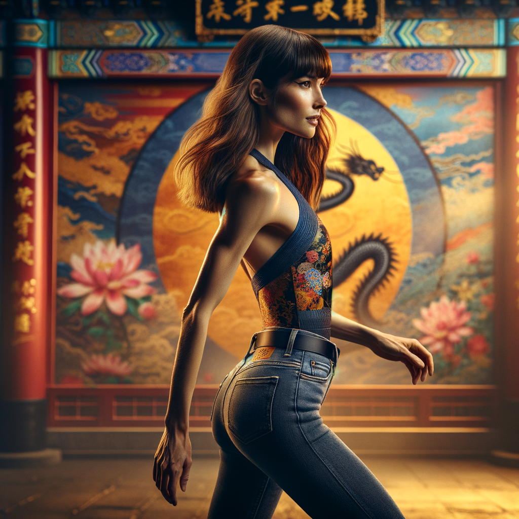 Athletic Thin skinny Attractive, Asian teenage girl, long brown hair and bangs, wearing tight skinny jeans and a halter top paint marks on her clothing, heroic pose Asian graffiti background, backside view