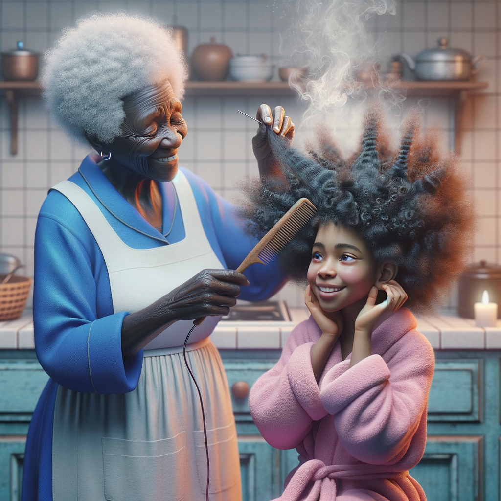 Create a realistic 3-D image of an african-American grandmother wearing a blue house dress and a white apron . She is in the kitchen with her african-American granddaughter. Her granddaughter is wearing a pink bath robe. The grandmother has a hot comb in her hand and she is straightening her granddaughters hair. One side of her granddaughters hair is in  a Afro the other straight 
There is smoke coming from the hot comb
The granddaughter is holding her ear and making a funny face