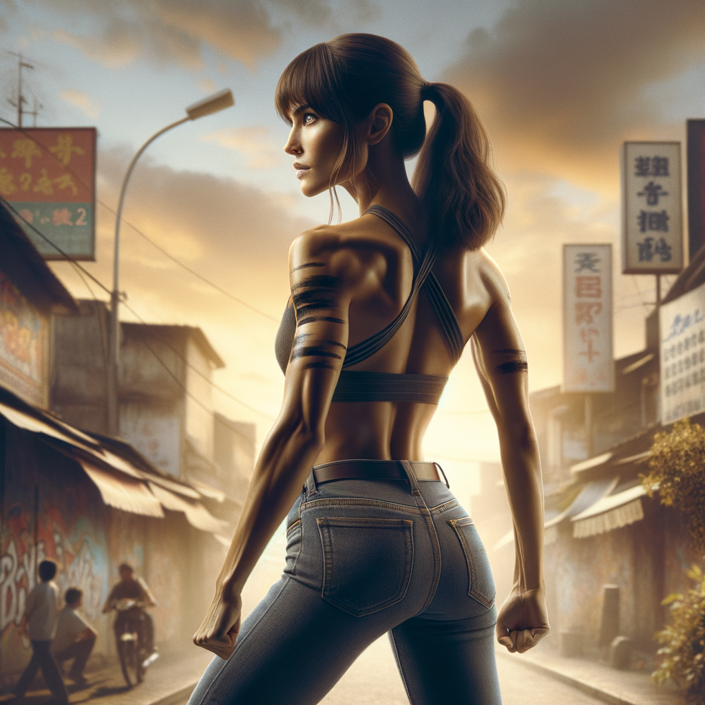 Athletic Thin skinny Attractive, Asian teenage girl, long brown hair and bangs, wearing tight skinny jeans and a halter top paint marks on her clothing, heroic pose Asian graffiti background, backside view