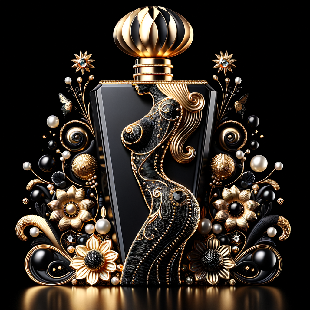 Design a fancy, black and gold bottle of perfume in the shape of a woman’s body. With a golden diamond top, flowers pearls and Diamonds in the name, Karen