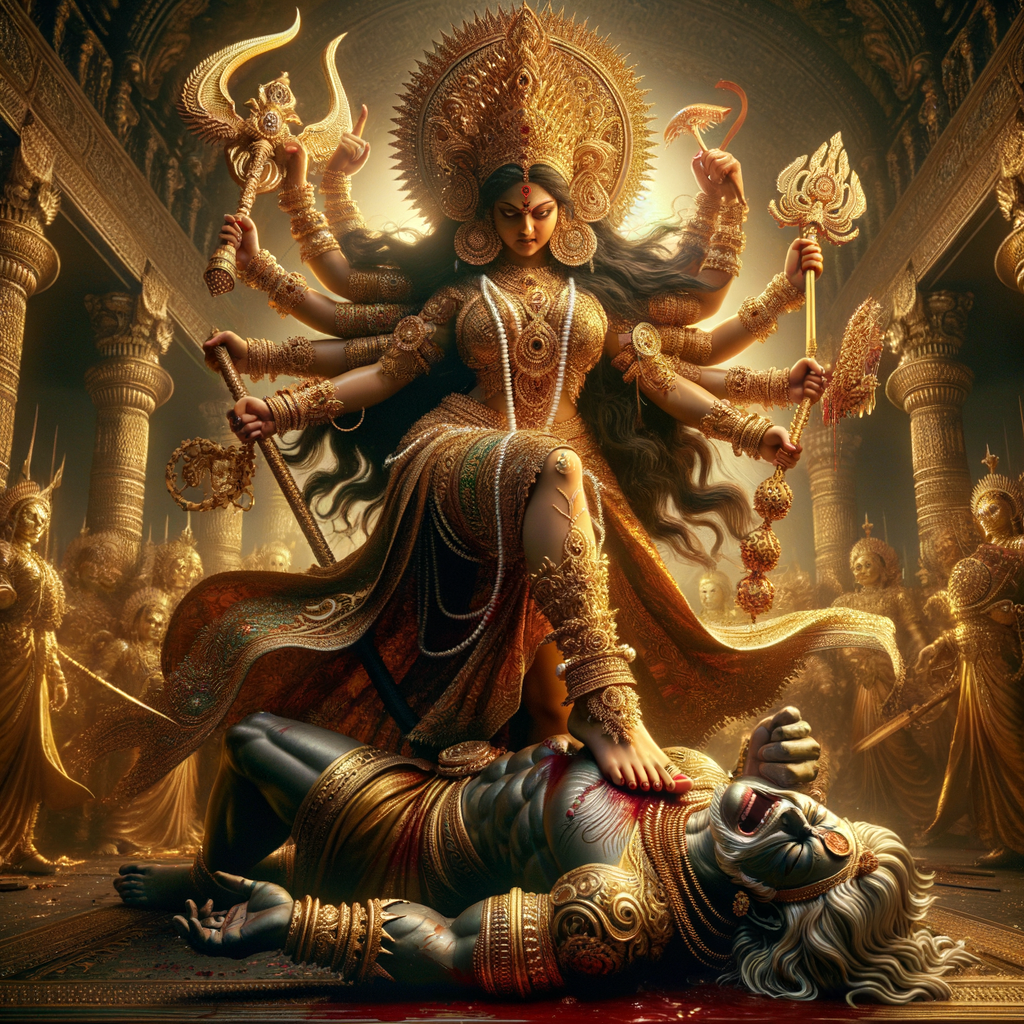 portrait of angry looking goddess durga has her foot on a defeated mahishasur. She is wearing gold armor, a huge gold crown, gold saree, abundant  gold jewelry, covered in blood. Mahishasur laying on ground dead. The scene is set in ancient India. The image is 8K resolution, photography, cinematic, ultra detailed face and epic