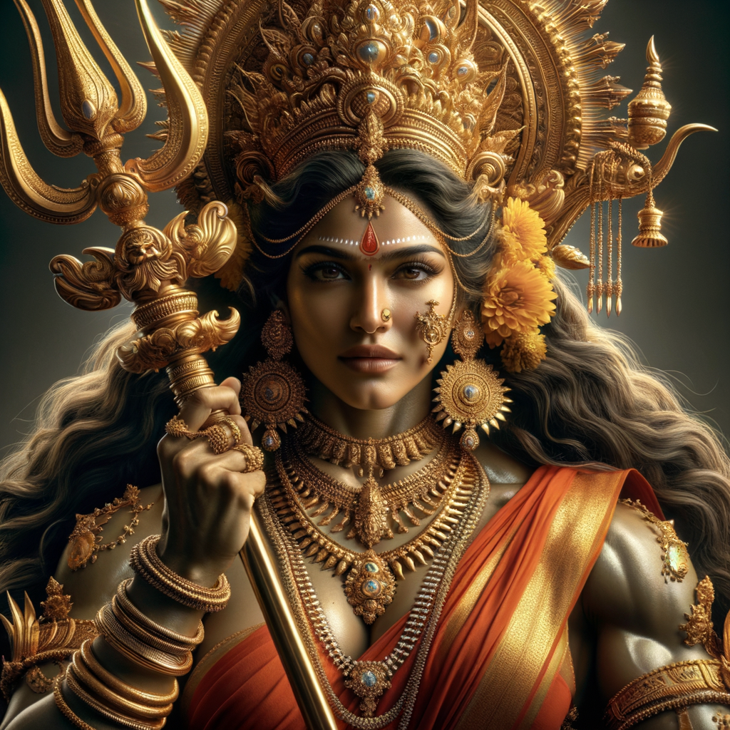 Portrait of goddess durga with athletic body, big breasts, red saree, holding trident, gold jewelry all over body, huge gold crown, photography, ultra detailed face, UHD, 8K