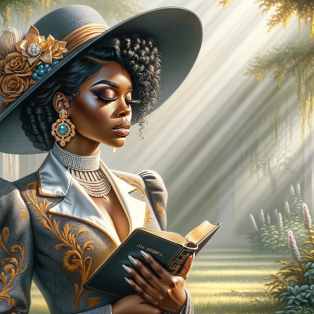 Render an airbrush oil painting of an African American woman with flawless makeup in a
contemplative pose, holding a Bible close to her heart, dressed in an elegant Sunday Best
outfit with a distinctive Church Hat. The background features a peaceful church garden,
with light filtering through the trees, highlighting her spiritual connection and the personal
moment of reflection. The artwork should capture the tranquility of the scene, the beauty
of her attire, and the depth of her contemplation, reflecting a serene and spiritually