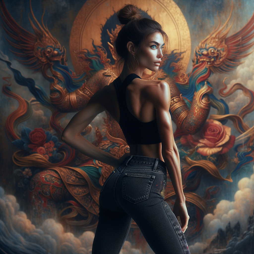 Athletic Thin skinny Attractive, Asian teenage girl, long brown hair and bangs, wearing tight skinny jeans and a halter top paint marks on her clothing, heroic pose Asian graffiti background, backside view