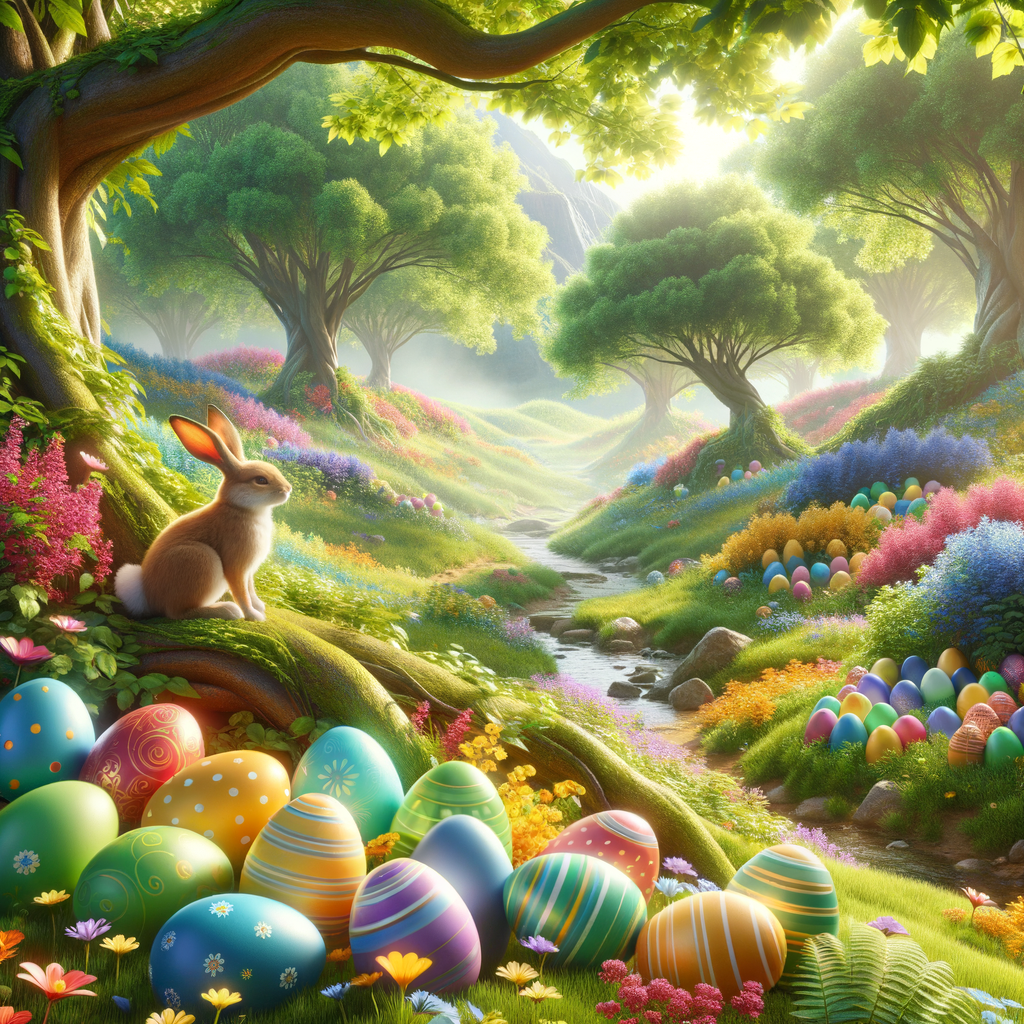 Create some ultra photorealistic images inspiring Easter, include some eggs and bunny , vivid colors, 9:16