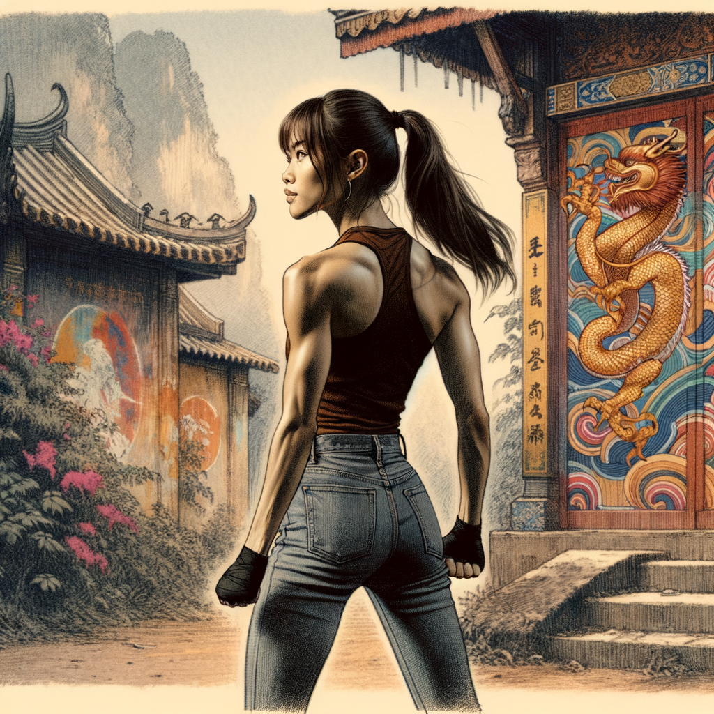 Athletic Thin skinny Attractive, Asian teenage girl, long brown hair and bangs, wearing tight skinny jeans and a halter top paint marks on her clothing, heroic pose Asian graffiti background, backside view