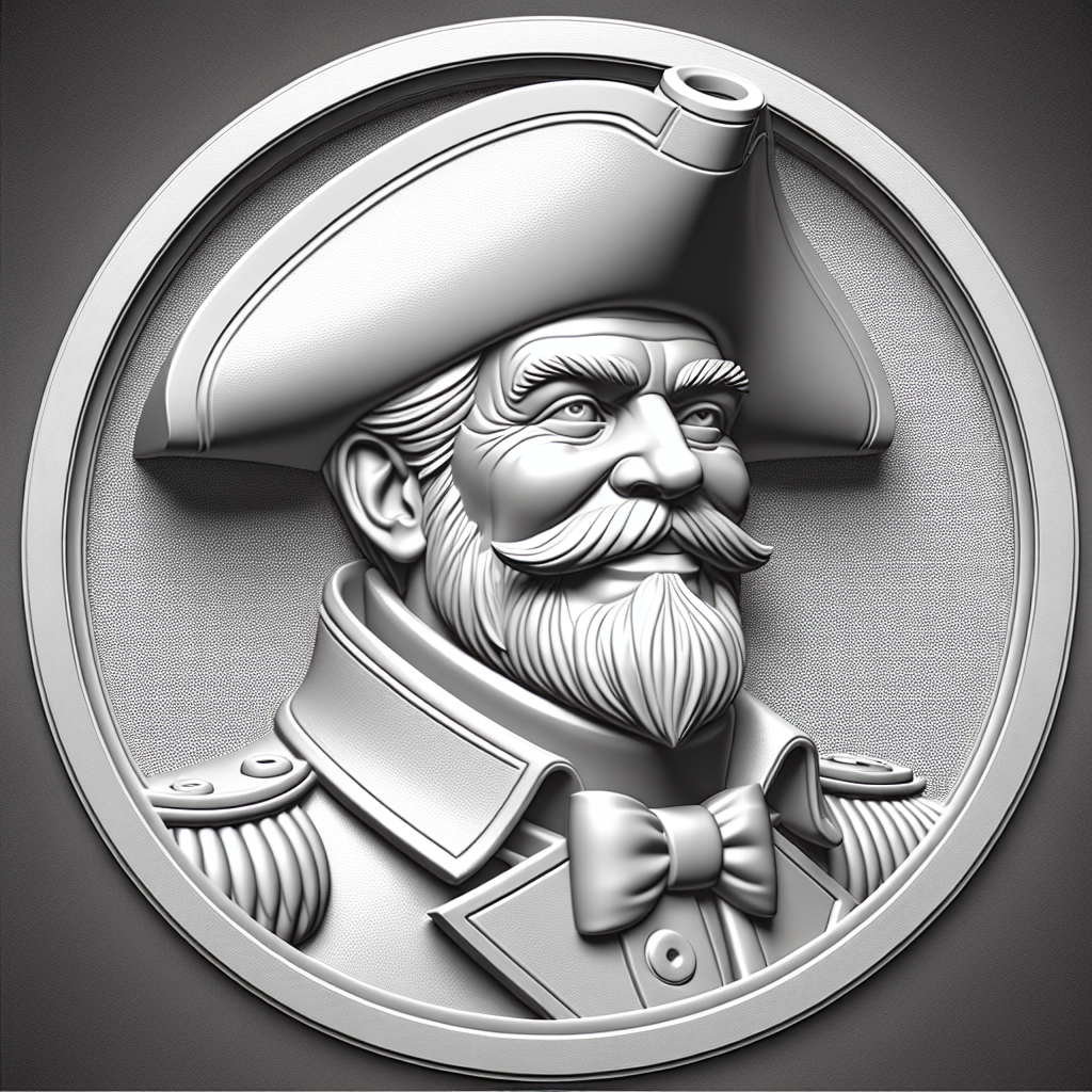 Design a high-contrast grayscale 3d bas relief of captain crunch, The composition should be circular like a coin emblem, designed for CNC routing with balanced lighting to accentuate fine details, sharp edges, and distinct textures. Employ deep shadows and strong highlights to define planes and surfaces clearly.