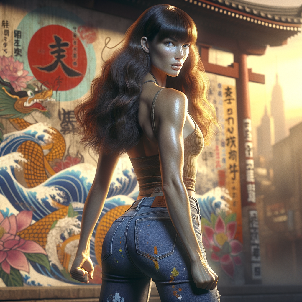 Athletic Thin skinny Attractive, Asian teenage girl, long brown hair and bangs, wearing tight skinny jeans and a halter top paint marks on her clothing, heroic pose Asian graffiti background, backside view