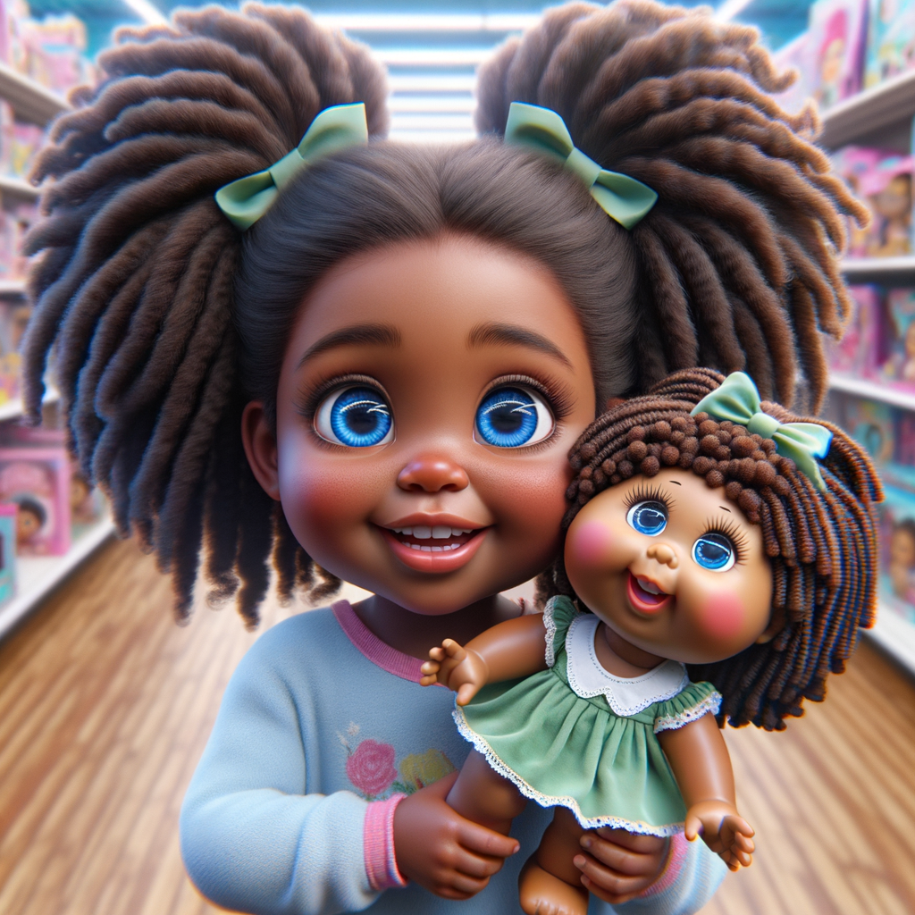 Create a 3-D image of a little girl inside of a very large toy store. The little girl has thick, ponytails and huge blue eyes. She is playing with her favorite doll, the doll is a African-American Cabbage Patch doll. That looks just like her.