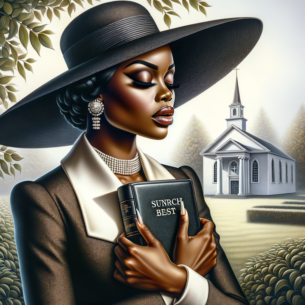 Render an airbrush oil painting of an African American woman with flawless makeup in a
contemplative pose, holding a Bible close to her heart, dressed in an elegant Sunday Best
outfit with a distinctive Church Hat. The background features a peaceful church garden,
with light filtering through the trees, highlighting her spiritual connection and the personal
moment of reflection. The artwork should capture the tranquility of the scene, the beauty
of her attire, and the depth of her contemplation, reflecting a serene and spiritually